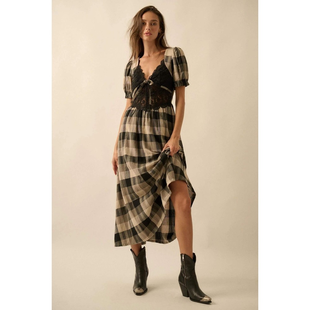 Promesa Dress Womens S True Country Plaid Black Beige Lace Puff Sleeve Midi NWT